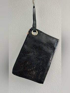 Black Croc-Embossed Wristlet Clutch